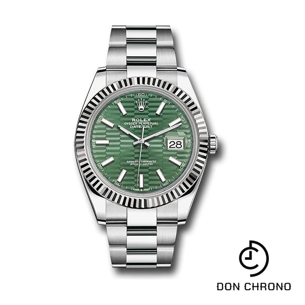 Reloj Rolex Rolesor Datejust 41 blanco - Bisel estriado - Esfera con motivo estriado verde menta - Brazalete Oyster - 126334 mgflmio