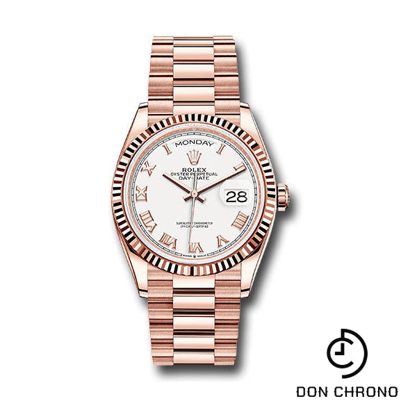 Reloj Rolex Everose Gold Day-Date 36 - Bisel estriado - Esfera romana blanca - Brazalete President - 128235 wrp