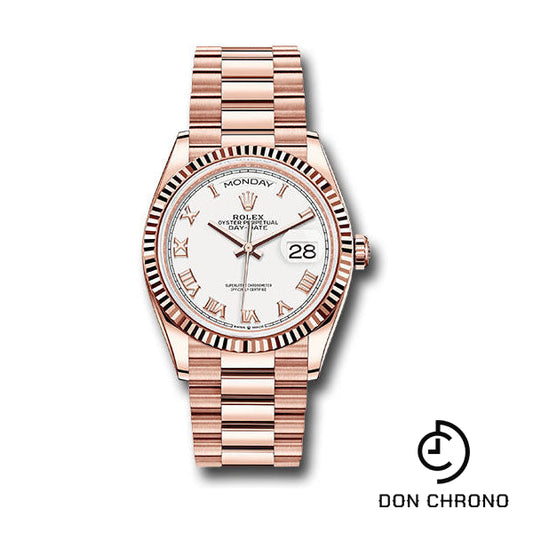 Rolex Everose Gold Day-Date 36 Watch - Fluted Bezel - White Roman Dial - President Bracelet - 128235 wrp