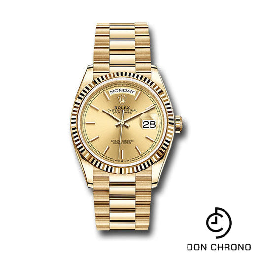 Reloj Rolex de oro amarillo Day-Date 36 - Bisel estriado - Esfera con índice champán - Brazalete President - Chip 128238