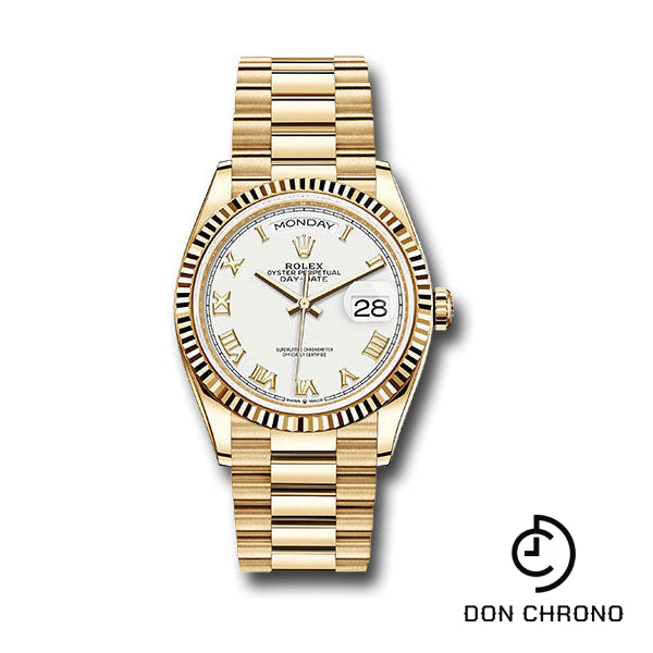 Reloj Rolex de oro amarillo Day-Date 36 - Bisel estriado - Esfera romana blanca - Brazalete President - 128238 wrp