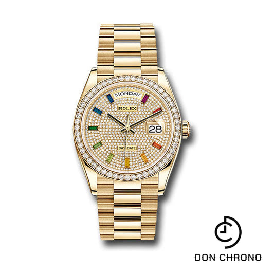 Reloj Rolex de oro amarillo Day-Date 36 - Bisel de diamantes - Esfera de zafiro arco iris pavimentada con diamantes - Brazalete President - 128348RBR dprsp