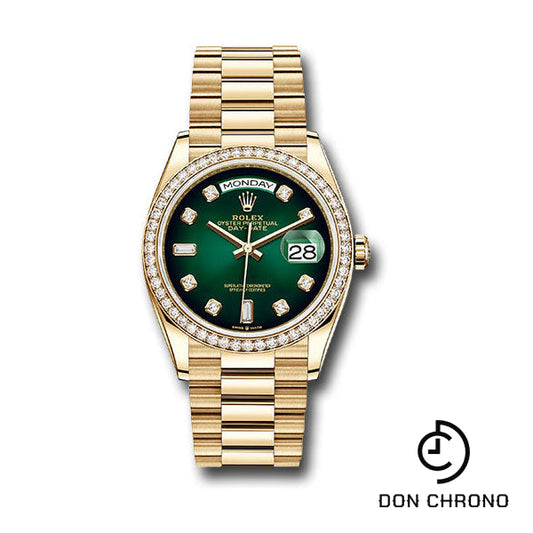 Rolex Yellow Gold Day-Date 36 Watch - Diamond Bezel - Green Ombre« Diamond Dial - President Bracelet - 128348RBR godp