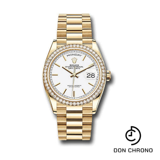 Reloj Rolex de oro amarillo Day-Date 36 - Bisel de diamantes - Esfera romana blanca - Brazalete President - 128348rbr wrp