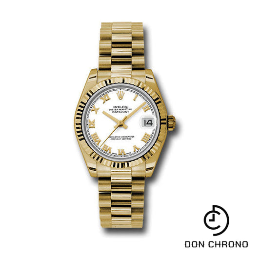 Rolex Yellow Gold Datejust 31 Watch - Fluted Bezel - White Roman Dial - President Bracelet - 178278 wrp