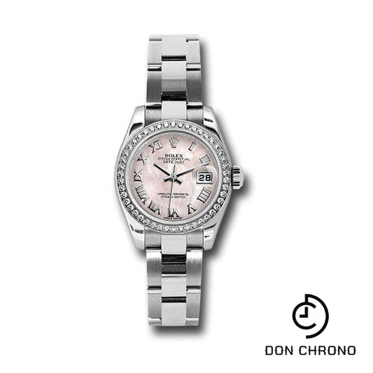 Rolex Steel and White Gold Lady Datejust 26 Watch - 46 Diamond Bezel - Pink Mother-Of-Pearl Roman Dial - Oyster Bracelet - 179384 pmro