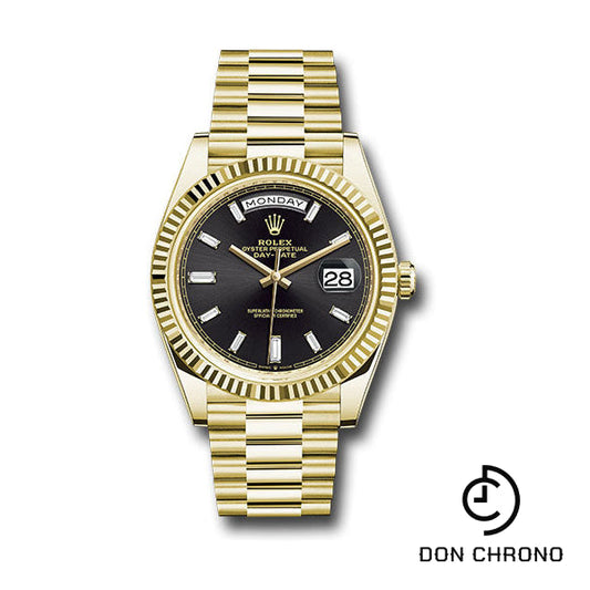 Reloj Rolex de oro amarillo Day-Date 40 - Bisel estriado - Esfera de diamantes baguette negro - Brazalete President - 228238 bkbdp