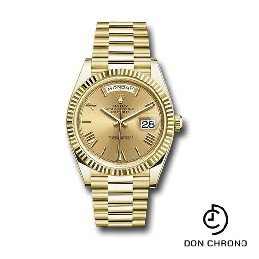 Reloj Rolex de oro amarillo Day-Date 40 - Bisel estriado - Esfera romana color champán - Brazalete President - 228238 chrp