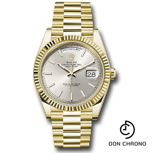 Rolex Yellow Gold Day-Date 40 Watch - Fluted Bezel - Silver Index Dial - President Bracelet - 228238 sip