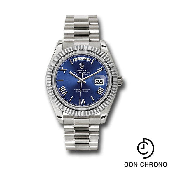 Reloj Rolex de oro blanco Day-Date 40 - Bisel estriado - Esfera romana biselada azul - Brazalete presidencial - 228239 blrp