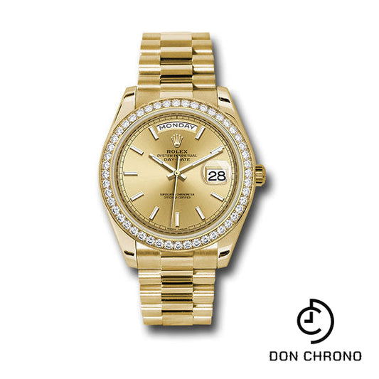 Reloj Rolex de oro amarillo Day-Date 40 - Bisel - Esfera con índice color champán - Brazalete President - Chip 228348RBR
