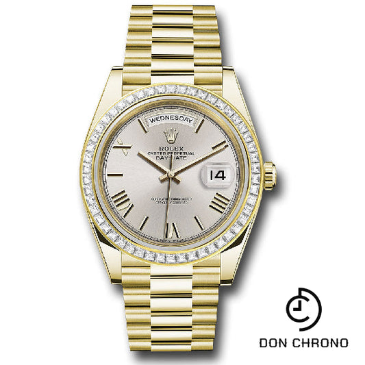 Rolex Yellow Gold Day-Date 40 Watch - Baguette Diamond Bezel - Silver Bevelled Roman Dial - President Bracelet - 228398TBR sdrp
