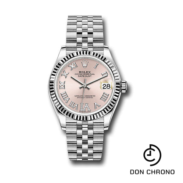 Reloj Rolex Datejust 31 de acero y oro blanco - Bisel estriado - Esfera rosa con diamantes romanos 6 - Brazalete Jubilee - 278274 pdr6j