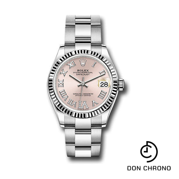 Reloj Rolex Datejust 31 de acero y oro blanco - Bisel estriado - Esfera rosa con diamantes romanos 6 - Brazalete Oyster - 278274 pdr6o