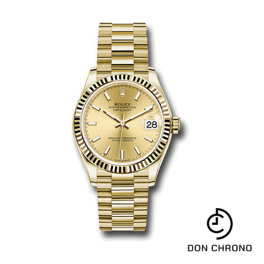 Rolex Yellow Gold Datejust 31 Watch - Fluted Bezel - Champagne Index Dial - President Bracelet - 278278 chip
