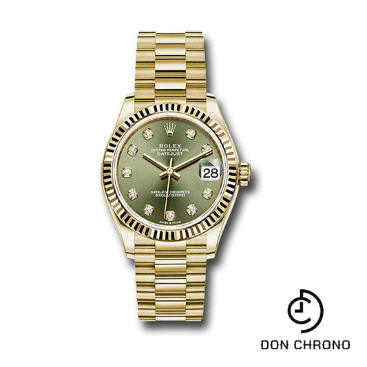 Reloj Rolex Datejust 31 de oro amarillo - Bisel estriado - Esfera de diamantes verde oliva - Brazalete President - 278278 ogdp