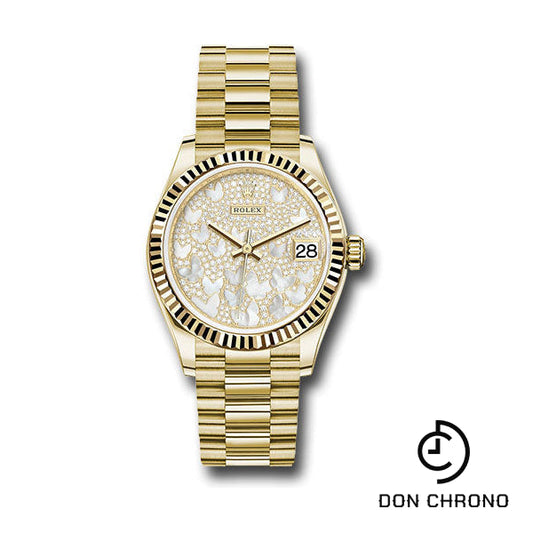 Rolex Yellow Gold Datejust 31 Watch - Fluted Bezel - Paved Mother-of-Pearl Butterfly Dial - President Bracelet - 278278 pmopbp