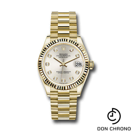 Reloj Rolex de oro amarillo Datejust 31 - Bisel estriado - Esfera plateada con diamantes - Brazalete President - 278278 sdp