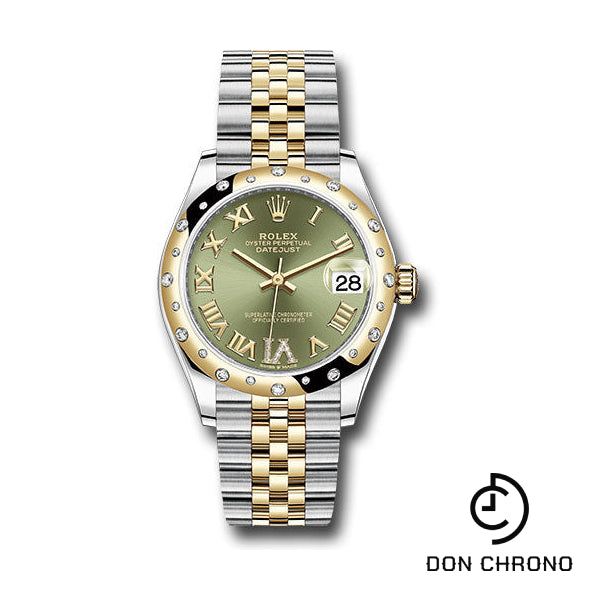 Reloj Rolex Datejust 31 de acero y oro amarillo - Bisel de diamantes abovedado - Esfera romana de seis diamantes verde oliva - Brazalete Jubilee - 278343 ogdr6j