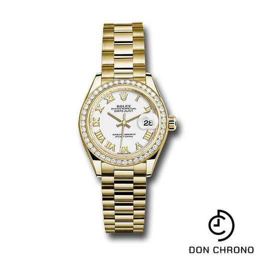 Reloj Rolex de oro amarillo Lady-Datejust 28 - Bisel de 44 diamantes - Esfera romana blanca - Brazalete President - 279138RBR wrp