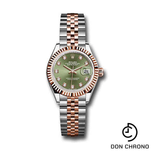 Reloj Rolex de acero y oro Everose Rolesor Lady-Datejust 28 - Bisel estriado - Esfera de diamantes verde oliva - Brazalete Jubilee - 279171 ogdj