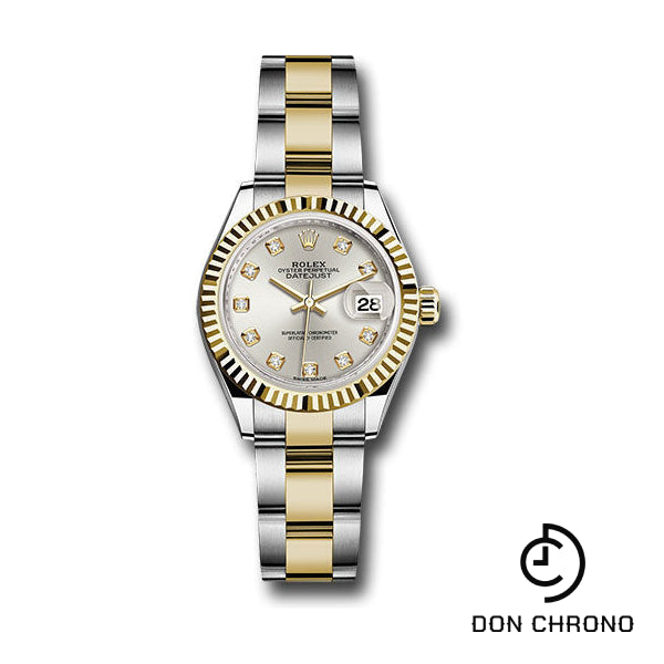 Reloj Rolex de acero y oro amarillo Rolesor Lady-Datejust 28 - Bisel estriado - Esfera de diamantes plateada - Brazalete Oyster - 279173 sdo