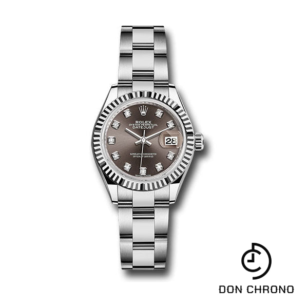 Reloj Rolex de acero y oro blanco Rolesor Lady-Datejust 28 - Bisel estriado - Esfera de diamantes gris oscuro - Brazalete Oyster - 279174 dgdo