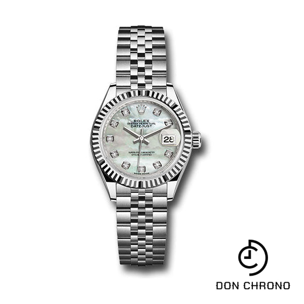 Reloj Rolex de acero y oro blanco Rolesor Lady-Datejust 28 - Bisel estriado - Esfera de diamantes de nácar blanco - Brazalete Jubilee - 279174 mdj