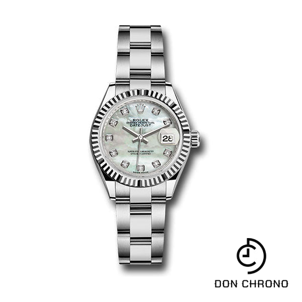 Reloj Rolex de acero y oro blanco Rolesor Lady-Datejust 28 - Bisel estriado - Esfera de diamantes de nácar blanco - Brazalete Oyster - 279174 mdo