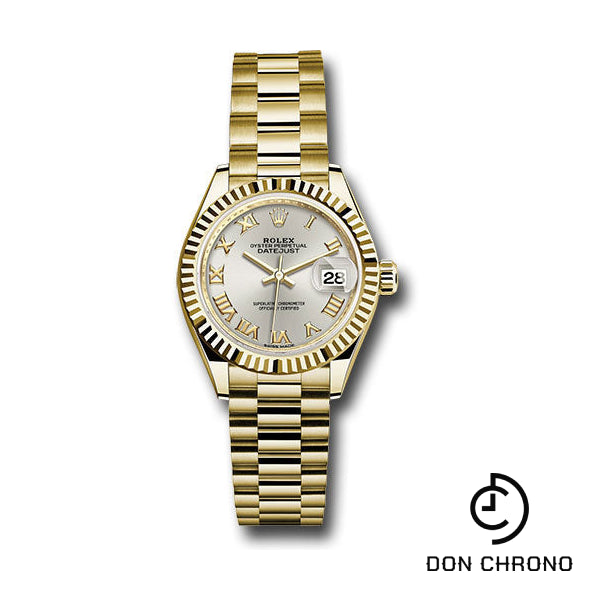 Reloj Rolex Lady-Datejust 28 de oro amarillo - Bisel estriado - Esfera romana plateada - Brazalete President - 279178 srp