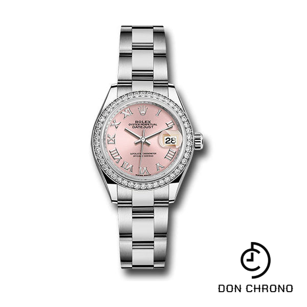 Reloj Rolex de acero y oro blanco Rolesor Lady-Datejust 28 - Bisel de 44 diamantes - Esfera romana rosa - Brazalete Oyster - 279384RBR pro