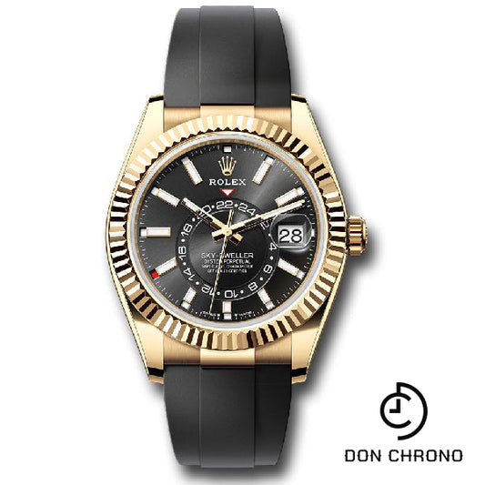 Reloj Rolex Sky-Dweller de oro amarillo - Bisel de comando con anillo estriado - Esfera de índice negro - Correa Oysterflex - 336238 bkiof