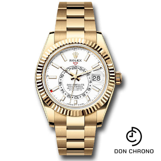 Rolex Yellow Gold Sky-Dweller Watch - Fluted Ring Command Bezel - White Index Dial - Oyster Bracelet - 336938 wio