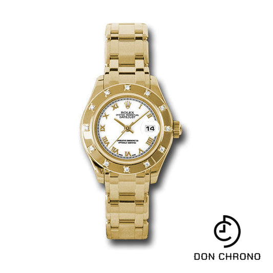 Reloj Rolex Lady-Datejust Pearlmaster 29 de oro amarillo - Bisel de 12 diamantes - Esfera romana blanca - 80318 wr