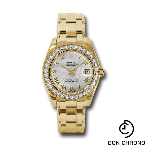 Reloj Rolex Datejust Pearlmaster 34 de oro amarillo - Bisel de 34 diamantes - Esfera romana de nácar blanco - 81298 mr