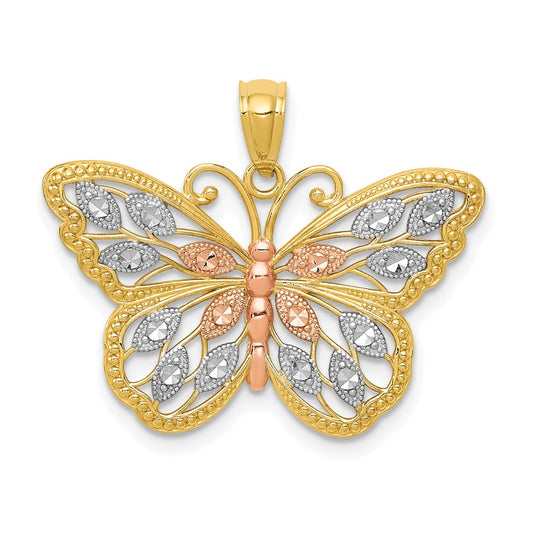 14k w/White and Rose Rhodium Diamond-cut Butterfly Pendant