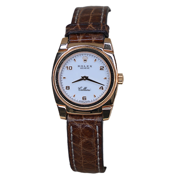 ROLEX GENEVE CELLINI BROWN LEATHER WHITE FACE - 5310_5