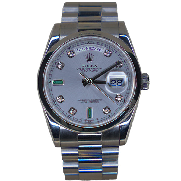 ROLEX DAY-DATE SILVER WHITE FACE GREEN STONES - 118206