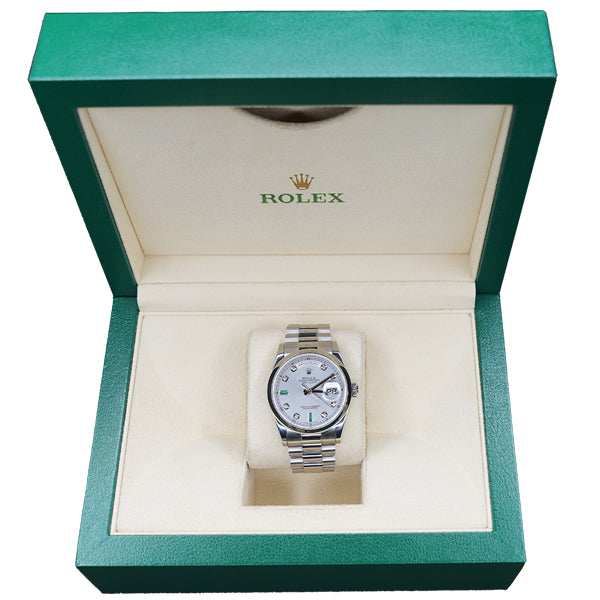 ROLEX DAY-DATE SILVER WHITE FACE GREEN STONES - 118206