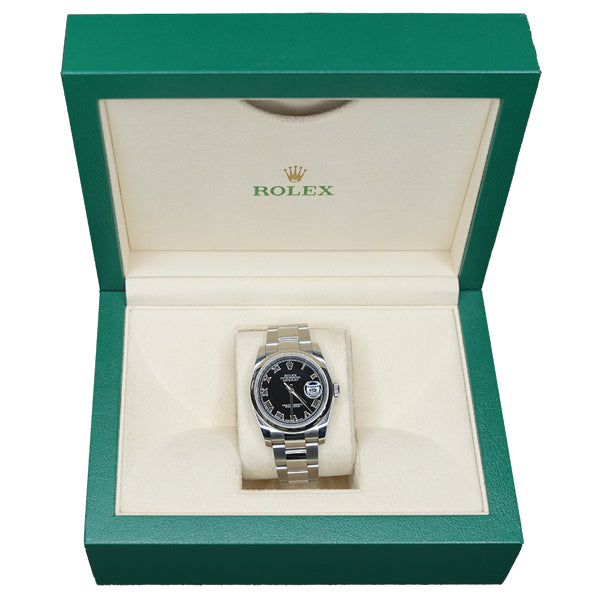 ROLEX DATEJUST SILVER BLACK FACE ROMANX - 116200