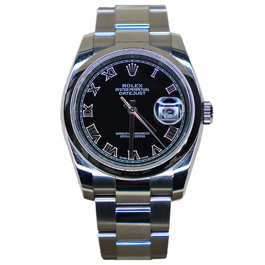 ROLEX DATEJUST SILVER BLACK FACE ROMANX - 116200