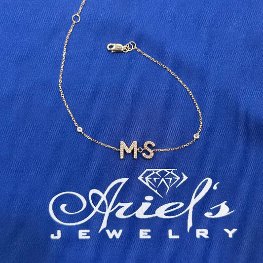 "MS" Diamond Initial Charm Bracelet In 14K Yellow Gold