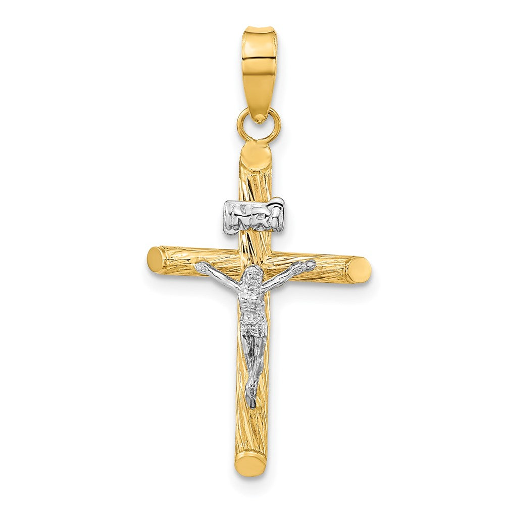 14K w/White Rhod Polished & Textured INRI Crucifix Cross Pendant