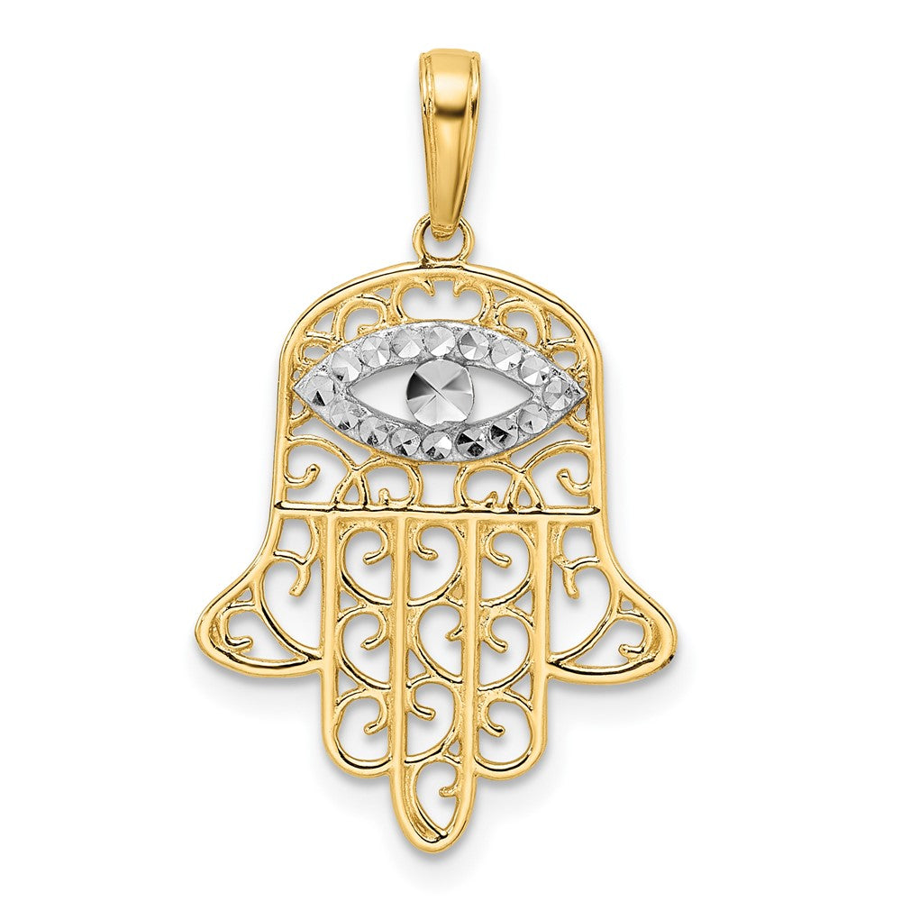 14k & White Rhodium D/C Filigree Evil Eye Hamsa Pendant