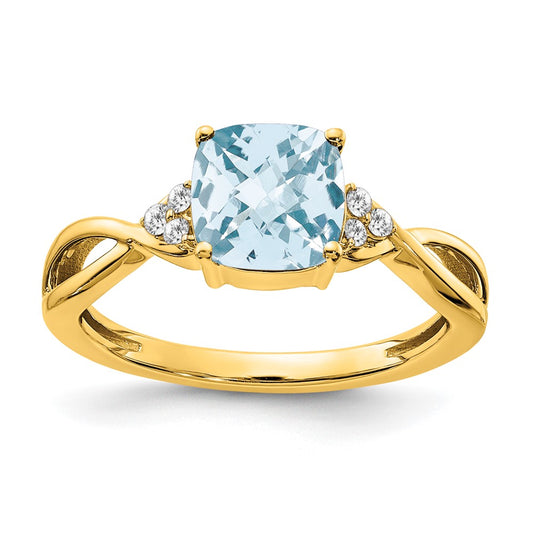 14k Checkerboard Aquamarine and Diamond Ring