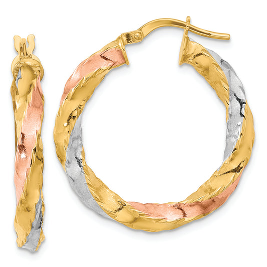 14K with Rose & White Rhodium Polished Twisted Hoop Earrings