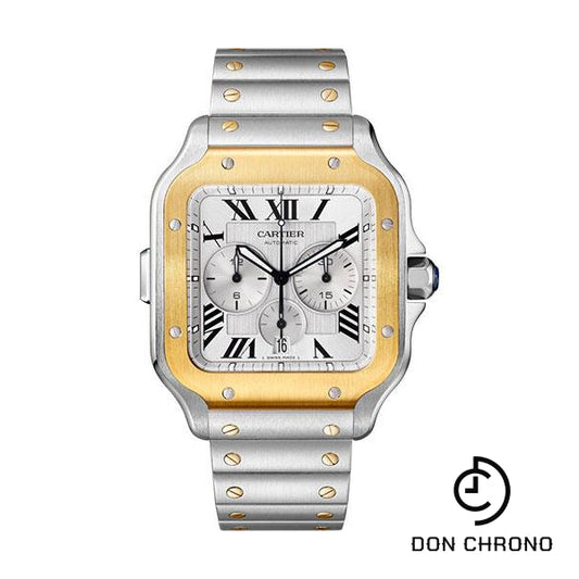 Reloj cronógrafo Cartier Santos de Cartier - Caja de acero y oro de 43,3 mm - Esfera plateada - Brazalete de acero - W2SA0008