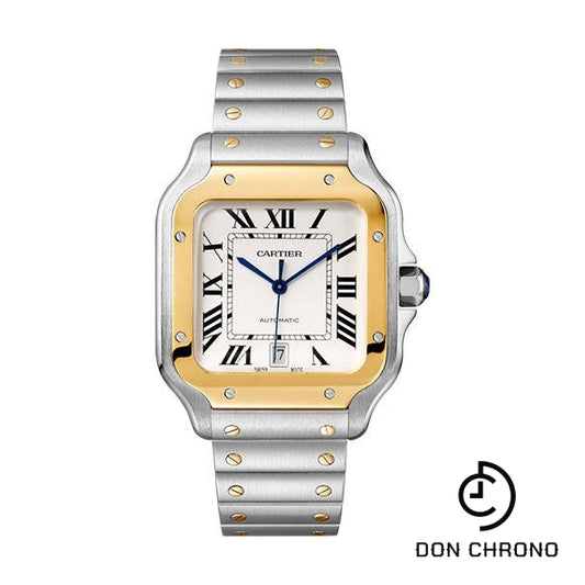 Reloj Cartier Santos de Cartier - Caja de acero y oro de 39,8 mm - Bisel de oro amarillo - Esfera plateada - Brazalete de acero - W2SA0009