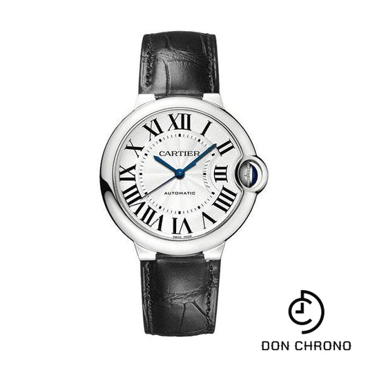 Cartier Ballon Bleu de Cartier Watch - 36 mm Steel Case - Silver Opaline Dial - Black Leather Strap - WSBB0028
