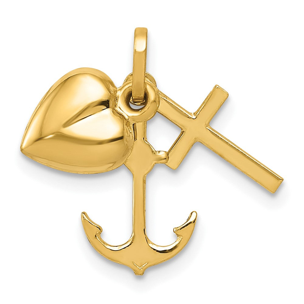 14K Polished Heart Cross Anchor Pendant